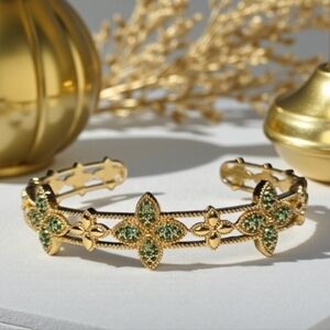 18k Gold Plated Clover Emerald Crystal Cuff Bangle Bracelet